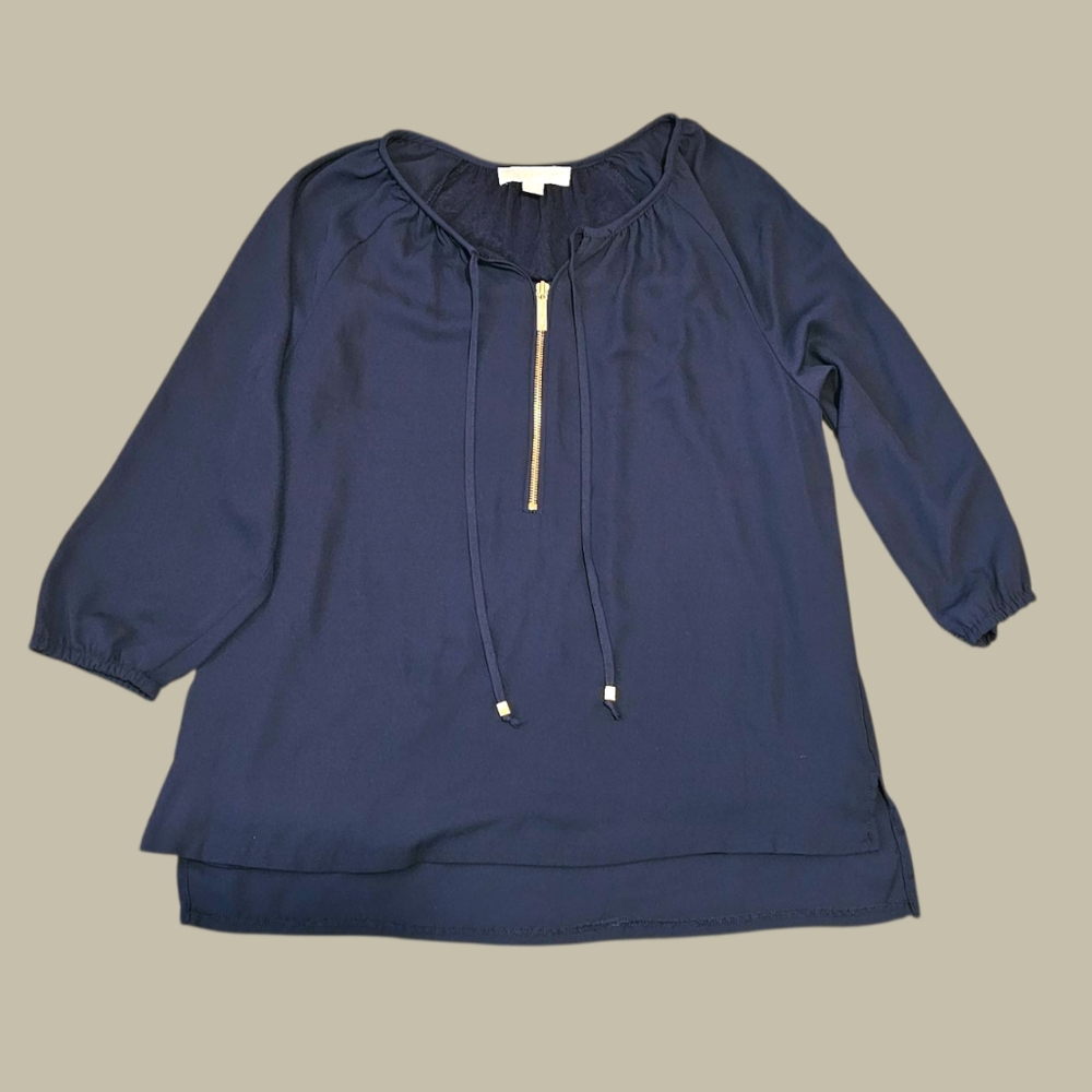Michael Kors Navy Blue Blouse with Gold Zip Size Medium